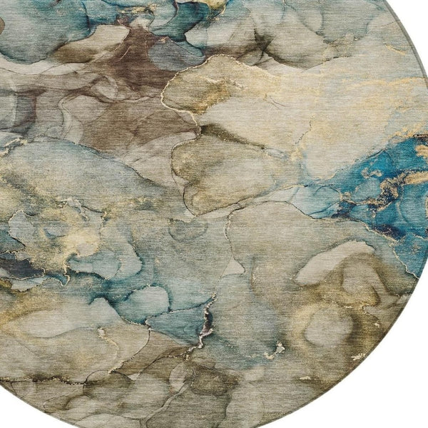 HomeRoots 8' Round Abstract Area Rug in Brown and Teal Blue - Durable, Washable, Indoor/Outdoor Style Upgrade 629271
