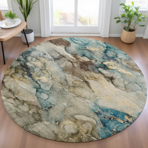 HomeRoots 8' Round Abstract Area Rug in Brown and Teal Blue - Durable, Washable, Indoor/Outdoor Style Upgrade 629271