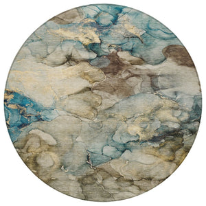 HomeRoots 8' Round Abstract Area Rug in Brown and Teal Blue - Durable, Washable, Indoor/Outdoor Style Upgrade 629271