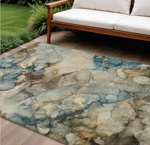 HomeRoots 10' Brown and Teal Blue Abstract Washable Area Rug - Stylish, Durable, Indoor/Outdoor Versatility! 629274
