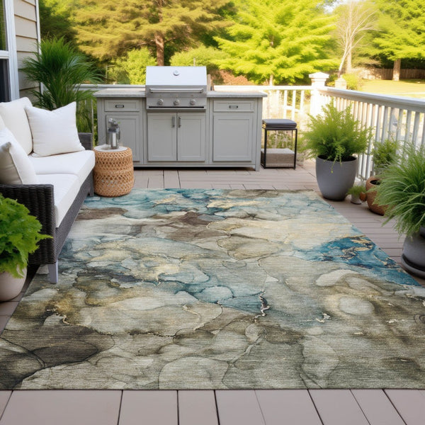 HomeRoots 10' Brown and Teal Blue Abstract Washable Area Rug - Stylish, Durable, Indoor/Outdoor Versatility! 629274