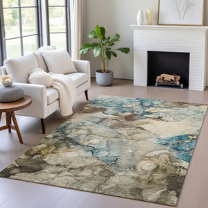 HomeRoots 10' Brown and Teal Blue Abstract Washable Area Rug - Stylish, Durable, Indoor/Outdoor Versatility! 629274