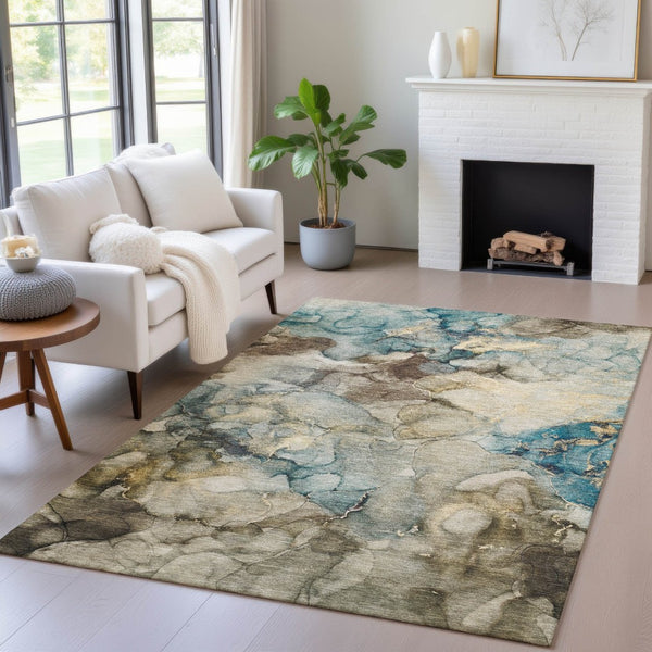 HomeRoots 10' Brown and Teal Blue Abstract Washable Area Rug - Stylish, Durable, Indoor/Outdoor Versatility! 629274