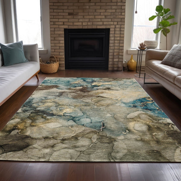 HomeRoots 10' Brown and Teal Blue Abstract Washable Area Rug - Stylish, Durable, Indoor/Outdoor Versatility! 629274