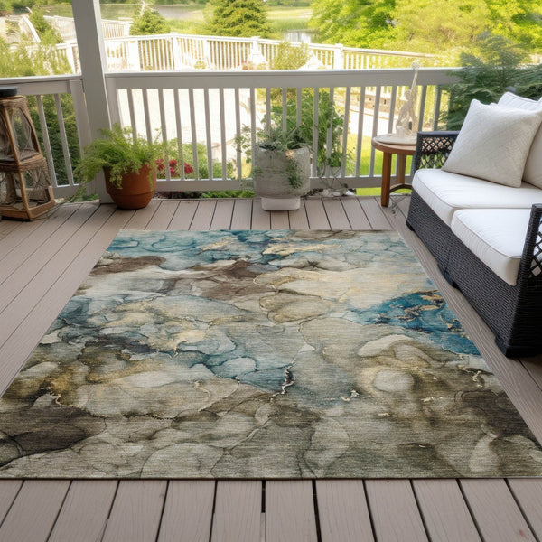 HomeRoots 10' Brown and Teal Blue Abstract Washable Area Rug - Stylish, Durable, Indoor/Outdoor Versatility! 629274