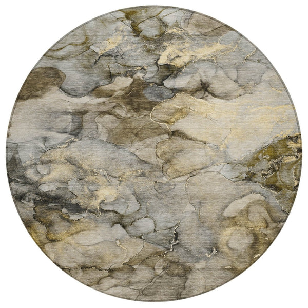 HomeRoots 8' Pewter and Gold Round Abstract Area Rug - Washable, Weather-Resistant, Stylish for Indoor & Outdoor Use 629277