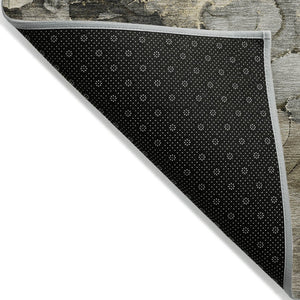 HomeRoots 8' Pewter and Gold Round Abstract Area Rug - Washable, Weather-Resistant, Stylish for Indoor & Outdoor Use 629277