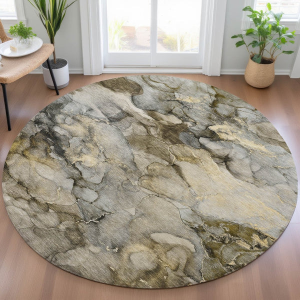 HomeRoots 8' Pewter and Gold Round Abstract Area Rug - Washable, Weather-Resistant, Stylish for Indoor & Outdoor Use 629277
