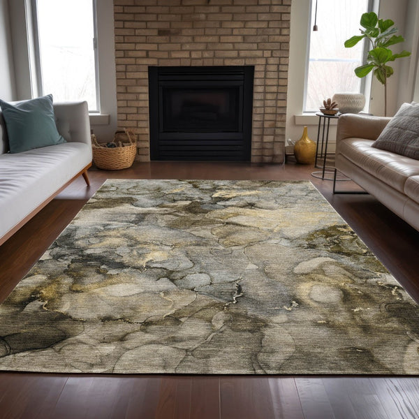 HomeRoots 8' X 10' Stylish Pewter and Gold Abstract Area Rug - Washable, Durable, Indoor/Outdoor Design Choice 629278