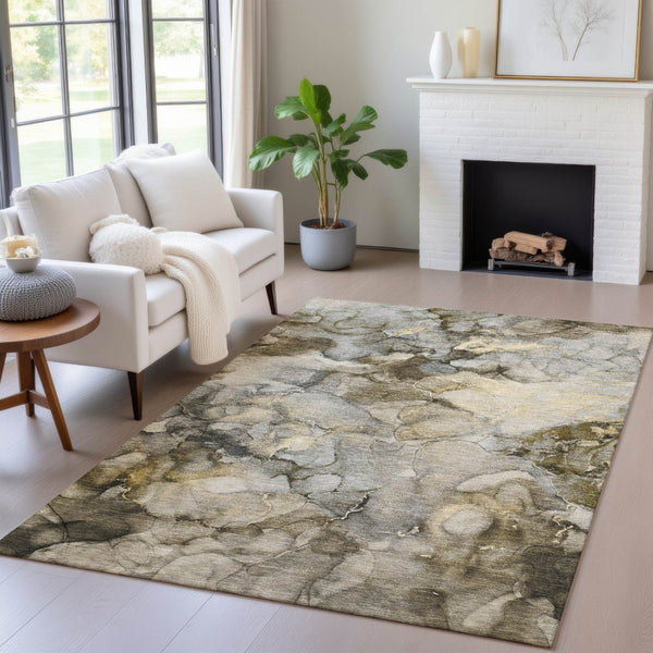 HomeRoots 9' X 12' Stylish Pewter and Gold Abstract Washable Rug – Perfect for Indoor and Outdoor Spaces! 629279