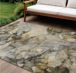HomeRoots 10' X 14' Contemporary Pewter and Gold Abstract Washable Area Rug for Indoor and Outdoor Use 629280
