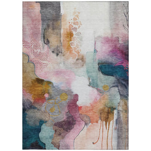 HomeRoots 5' Indoor Outdoor Abstract Area Rug in Blush, Teal Blue & Ivory - Stylish, Durable, & Washable! 629282