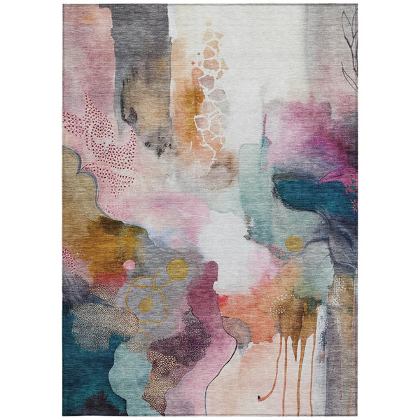 HomeRoots 5' Indoor Outdoor Abstract Area Rug in Blush, Teal Blue & Ivory - Stylish, Durable, & Washable! 629282