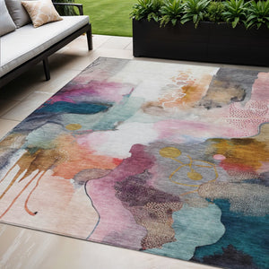 HomeRoots 5' Indoor Outdoor Abstract Area Rug in Blush, Teal Blue & Ivory - Stylish, Durable, & Washable! 629282