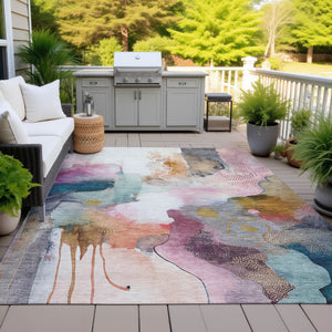 HomeRoots 5' Indoor Outdoor Abstract Area Rug in Blush, Teal Blue & Ivory - Stylish, Durable, & Washable! 629282