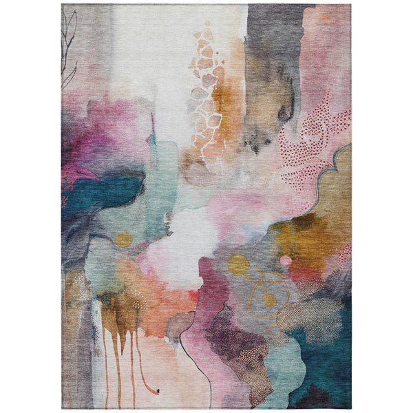 HomeRoots 5' Indoor Outdoor Abstract Area Rug in Blush, Teal Blue & Ivory - Stylish, Durable, & Washable! 629282