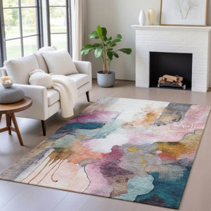 HomeRoots 5' Indoor Outdoor Abstract Area Rug in Blush, Teal Blue & Ivory - Stylish, Durable, & Washable! 629282