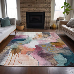 HomeRoots 5' Indoor Outdoor Abstract Area Rug in Blush, Teal Blue & Ivory - Stylish, Durable, & Washable! 629282