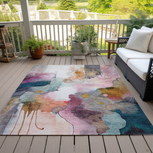 HomeRoots 5' Indoor Outdoor Abstract Area Rug in Blush, Teal Blue & Ivory - Stylish, Durable, & Washable! 629282
