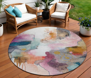 HomeRoots 8' Blush Teal Blue and Ivory Round Abstract Rug - Stylish, Washable, Indoor/Outdoor, Durable Design 629283