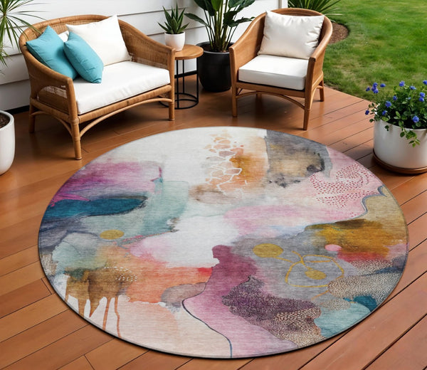HomeRoots 8' Blush Teal Blue and Ivory Round Abstract Rug - Stylish, Washable, Indoor/Outdoor, Durable Design 629283