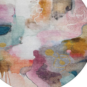 HomeRoots 8' Blush Teal Blue and Ivory Round Abstract Rug - Stylish, Washable, Indoor/Outdoor, Durable Design 629283