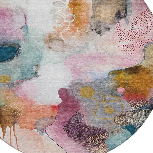 HomeRoots 8' Blush Teal Blue and Ivory Round Abstract Rug - Stylish, Washable, Indoor/Outdoor, Durable Design 629283