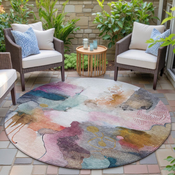 HomeRoots 8' Blush Teal Blue and Ivory Round Abstract Rug - Stylish, Washable, Indoor/Outdoor, Durable Design 629283