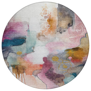 HomeRoots 8' Blush Teal Blue and Ivory Round Abstract Rug - Stylish, Washable, Indoor/Outdoor, Durable Design 629283