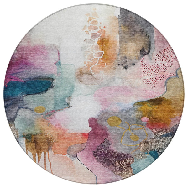 HomeRoots 8' Blush Teal Blue and Ivory Round Abstract Rug - Stylish, Washable, Indoor/Outdoor, Durable Design 629283