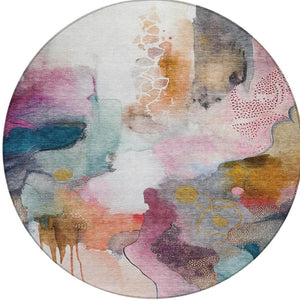 HomeRoots 8' Blush Teal Blue and Ivory Round Abstract Rug - Stylish, Washable, Indoor/Outdoor, Durable Design 629283