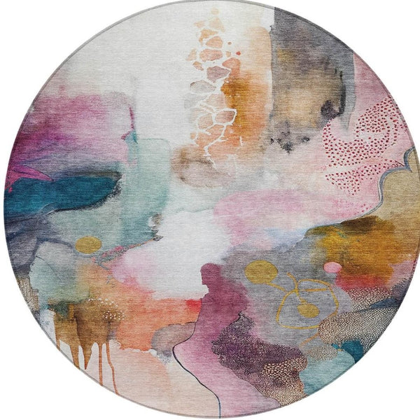 HomeRoots 8' Blush Teal Blue and Ivory Round Abstract Rug - Stylish, Washable, Indoor/Outdoor, Durable Design 629283