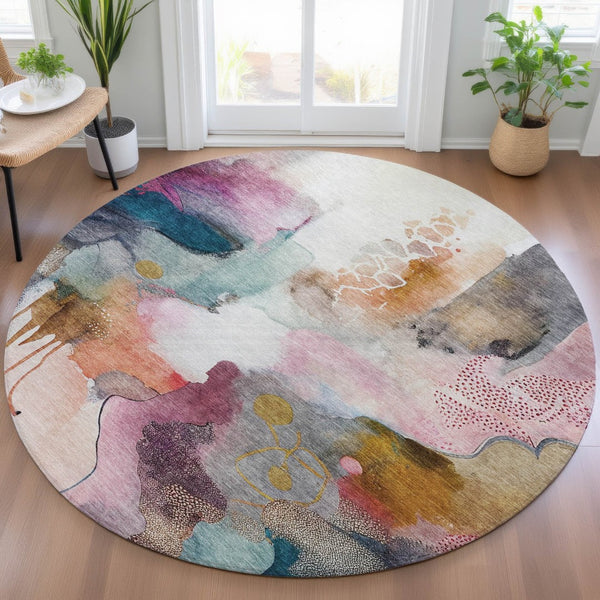 HomeRoots 8' Blush Teal Blue and Ivory Round Abstract Rug - Stylish, Washable, Indoor/Outdoor, Durable Design 629283