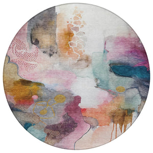 HomeRoots 8' Blush Teal Blue and Ivory Round Abstract Rug - Stylish, Washable, Indoor/Outdoor, Durable Design 629283