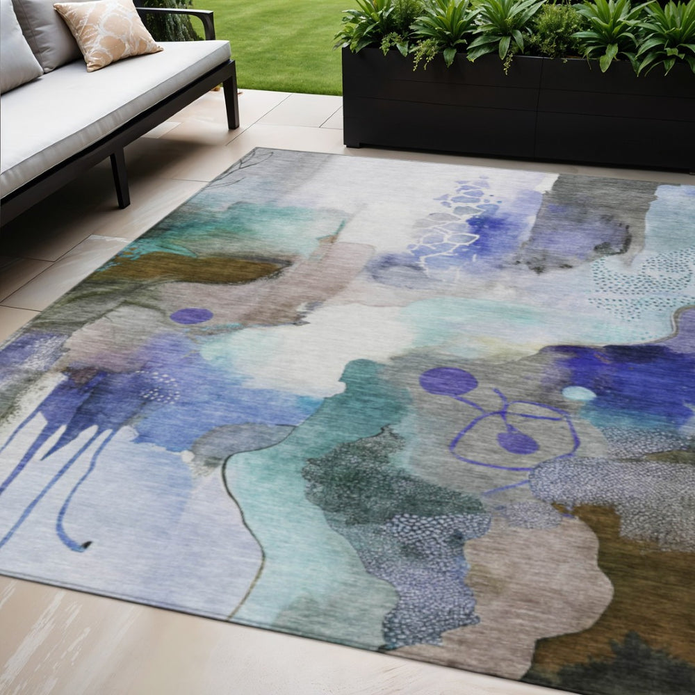 HomeRoots 5' Modern Abstract Area Rug in Brown, Purple & Ivory – Washable for Indoor/Outdoor Use, Stain-Resistant 629288