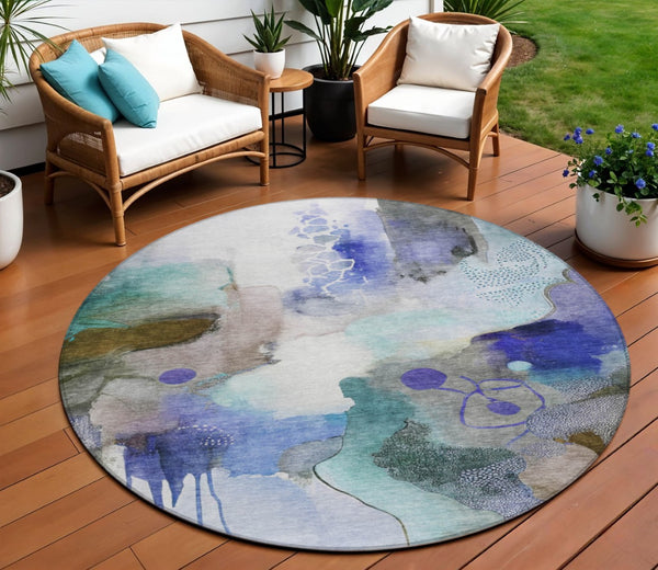 HomeRoots 8' Round Abstract Area Rug in Brown, Purple & Ivory - Stylish, Washable, Indoor/Outdoor Versatility 629289