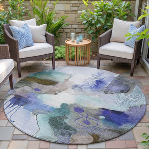 HomeRoots 8' Round Abstract Area Rug in Brown, Purple & Ivory - Stylish, Washable, Indoor/Outdoor Versatility 629289