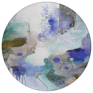 HomeRoots 8' Round Abstract Area Rug in Brown, Purple & Ivory - Stylish, Washable, Indoor/Outdoor Versatility 629289