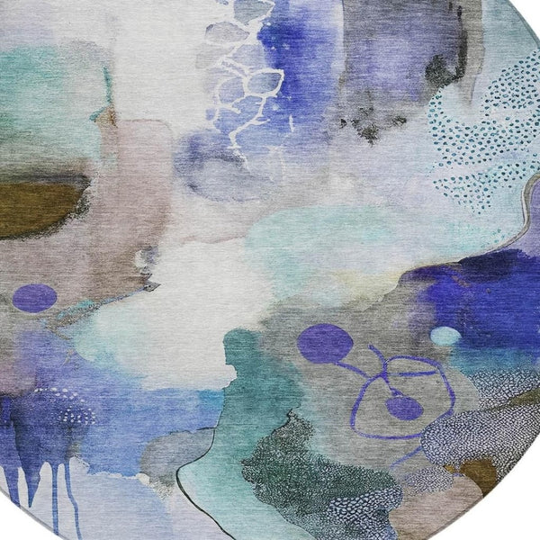 HomeRoots 8' Round Abstract Area Rug in Brown, Purple & Ivory - Stylish, Washable, Indoor/Outdoor Versatility 629289