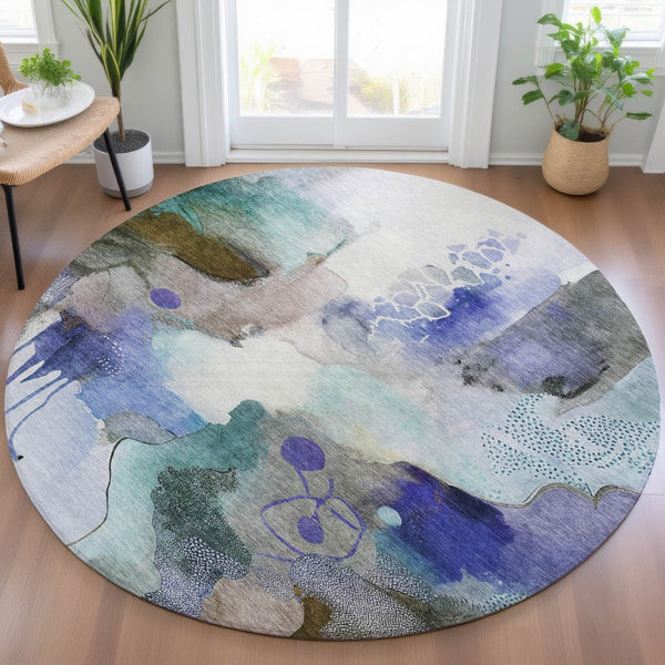 HomeRoots 8' Round Abstract Area Rug in Brown, Purple & Ivory - Stylish, Washable, Indoor/Outdoor Versatility 629289