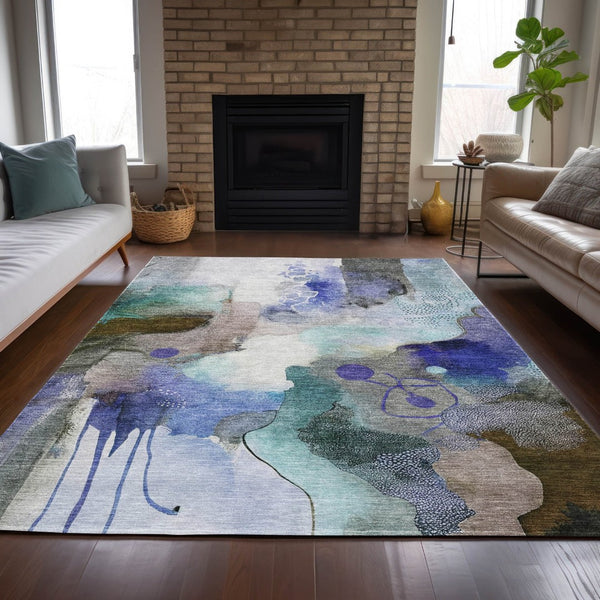 HomeRoots 9' Contemporary Abstract Indoor Outdoor Area Rug in Brown, Purple & Ivory – Washable & Durable Design 629291