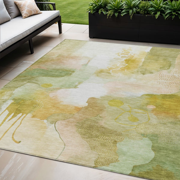 HomeRoots 5' X 8' Fern Green and Gold Abstract Washable Area Rug – Durable Indoor/Outdoor Design for Any Space 629294