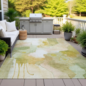HomeRoots 5' X 8' Fern Green and Gold Abstract Washable Area Rug – Durable Indoor/Outdoor Design for Any Space 629294