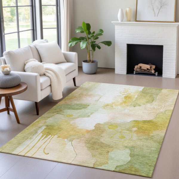 HomeRoots 5' X 8' Fern Green and Gold Abstract Washable Area Rug – Durable Indoor/Outdoor Design for Any Space 629294