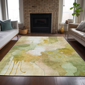 HomeRoots 5' X 8' Fern Green and Gold Abstract Washable Area Rug – Durable Indoor/Outdoor Design for Any Space 629294