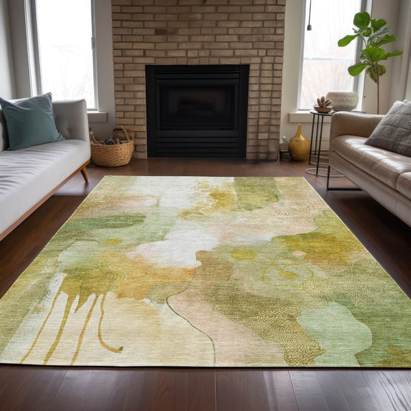 HomeRoots 5' X 8' Fern Green and Gold Abstract Washable Area Rug – Durable Indoor/Outdoor Design for Any Space 629294