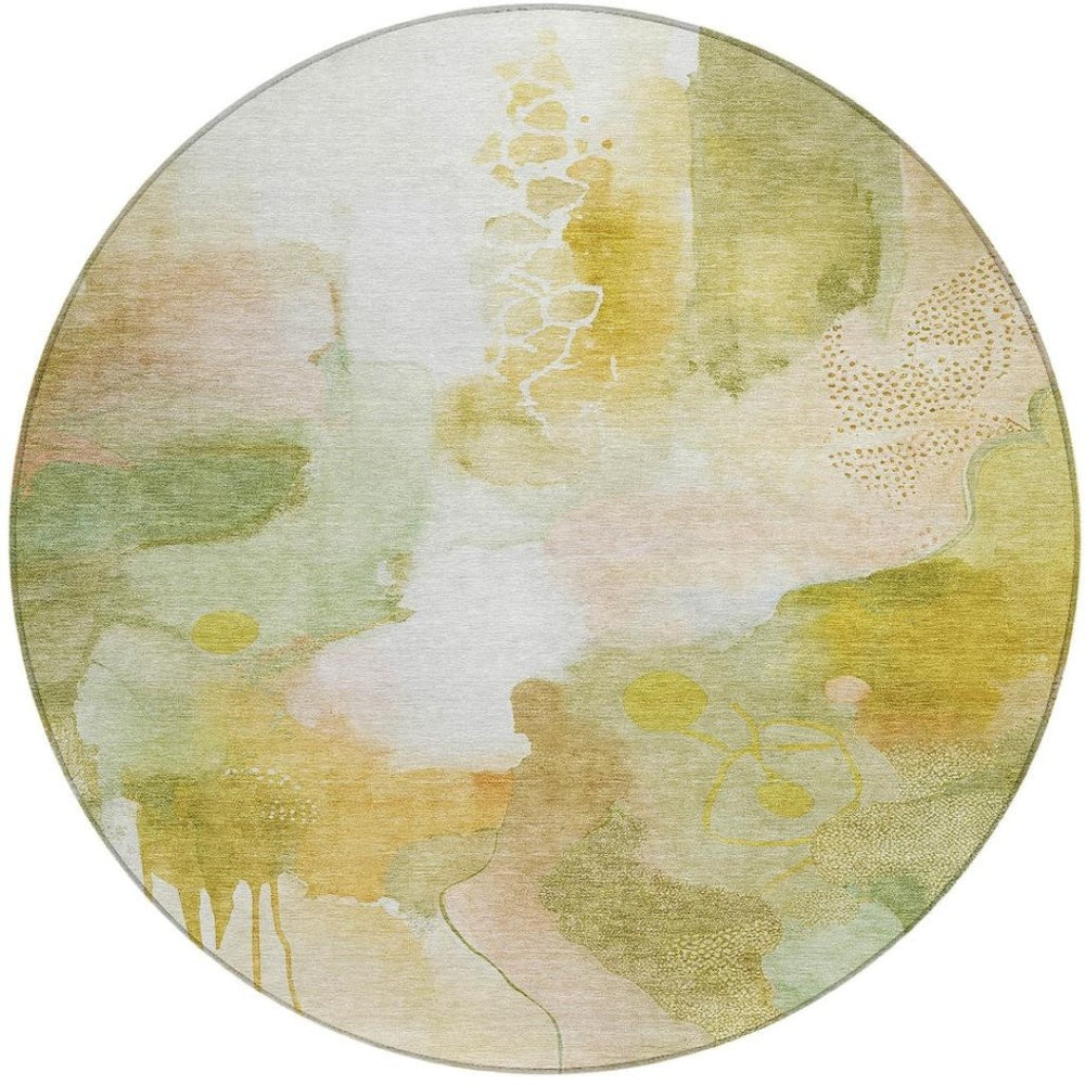 HomeRoots 8' Washable Round Area Rug in Fern Green, Gold, and Ivory – Stylish, Durable, Perfect for Indoor/Outdoor Use! 629295
