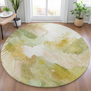 HomeRoots 8' Washable Round Area Rug in Fern Green, Gold, and Ivory – Stylish, Durable, Perfect for Indoor/Outdoor Use! 629295