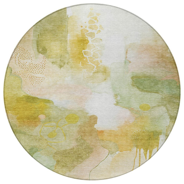HomeRoots 8' Washable Round Area Rug in Fern Green, Gold, and Ivory – Stylish, Durable, Perfect for Indoor/Outdoor Use! 629295