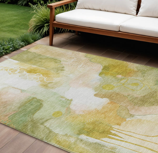 HomeRoots 8' X 10' Fern Green Gold Ivory Abstract Area Rug - Stylish, Washable, Indoor/Outdoor, Durable Design 629296